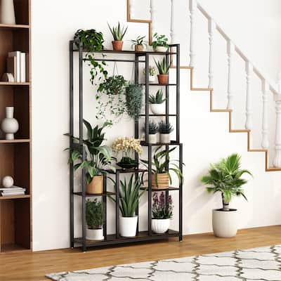 Tall Indoor Plant Stand Flower Holder Storage Stand with Hanging Rod or Clothes Rack