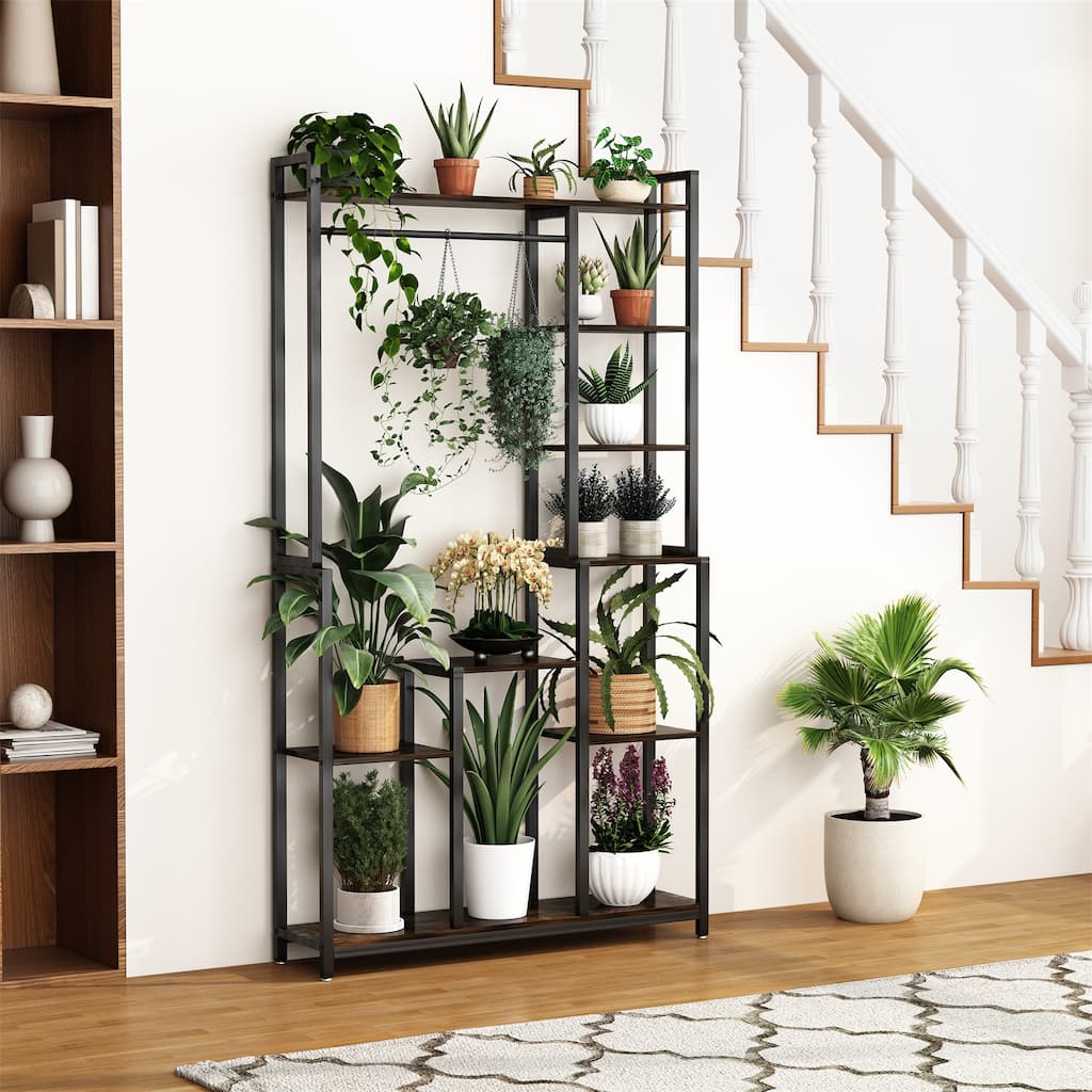 Tall Indoor Plant Stand Flower Holder Storage Stand with Hanging Rod or Clothes Rack