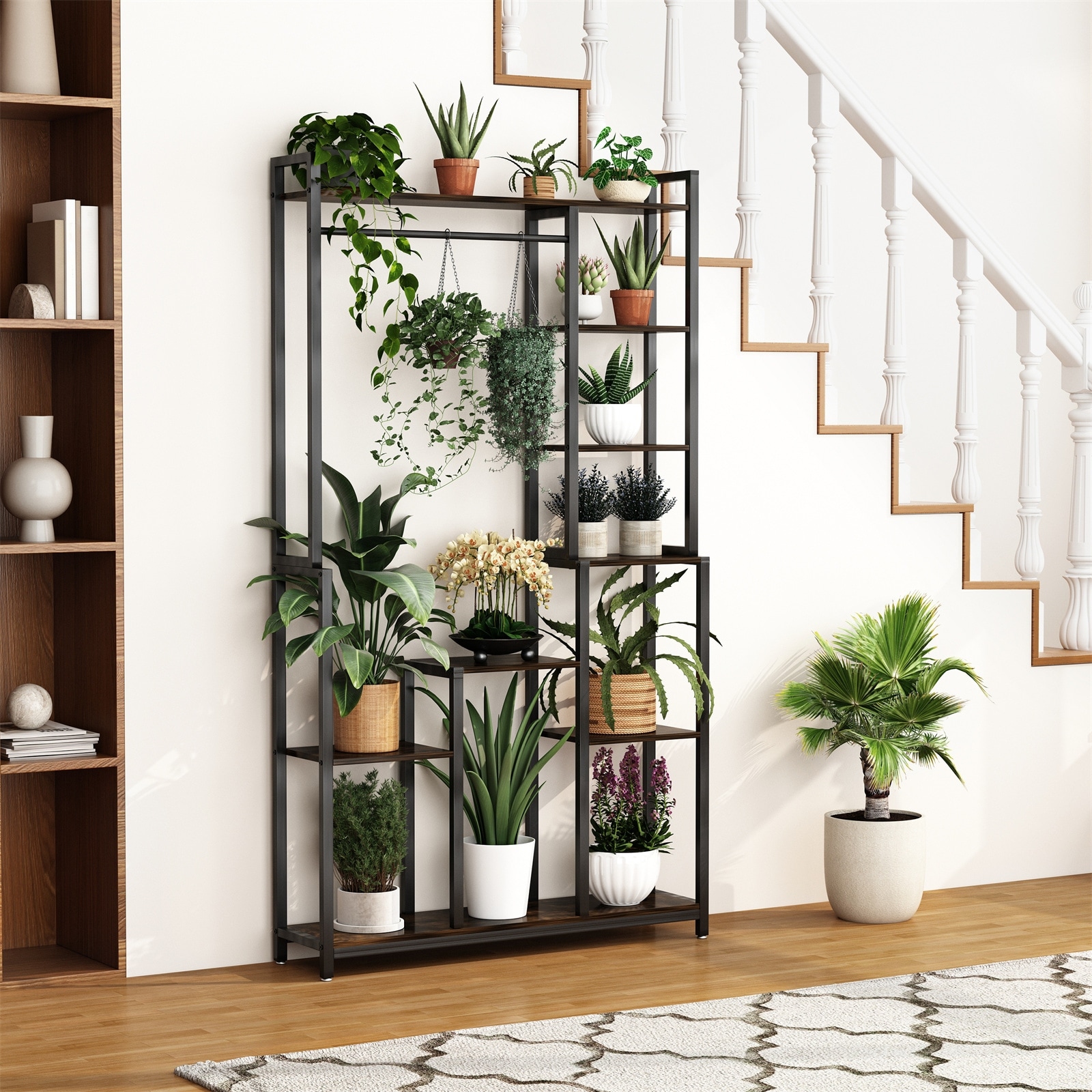 Tall Indoor Plant Stand Flower Holder Storage Stand with Hanging Rod or Clothes Rack