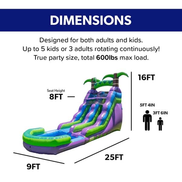HeroKiddo 25 ft. Tropical Commercial Grade Inflatable Water Slide with Attached Pool, Kids Outdoor Fun Slide House, No Blower