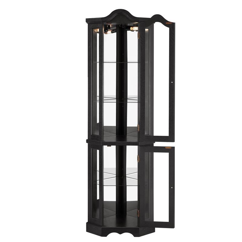 70" Lighted Corner Curio Cabinet with Tempered Glass Doors and Shelves