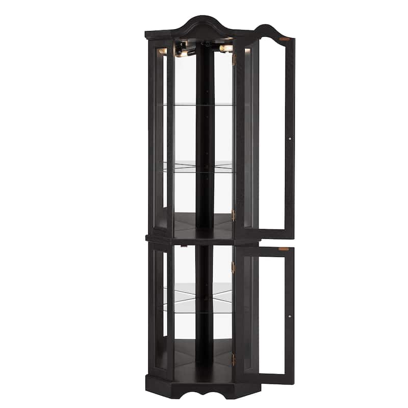 Lighted Corner Curio Cabinet, Freestanding Glass Display Cabinet, Wooden China Cabinet with Tempered Glass Doors & Shelves