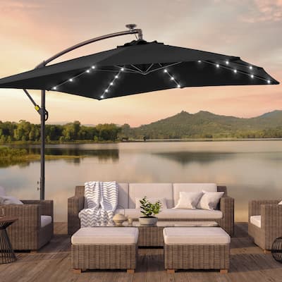 BONOSUKI Patio 8.2Ft LED Offset Umbrella,8 Steel Ribs w/Cross Base