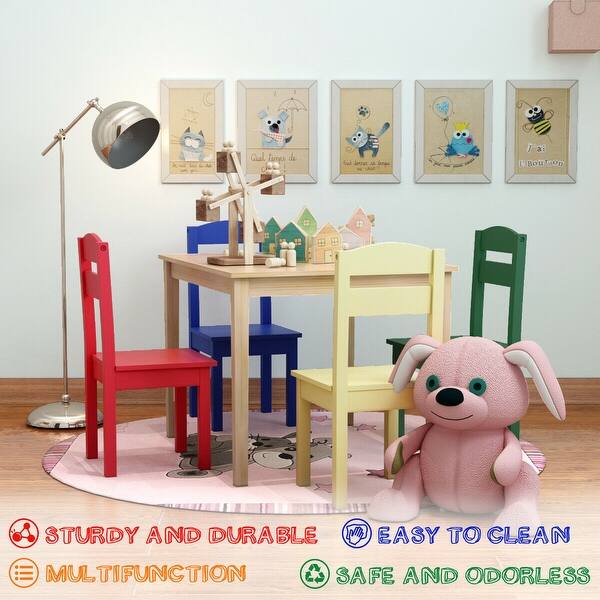 Shop Costway Kids 5 Piece Table Chair Set Pine Wood Multicolor