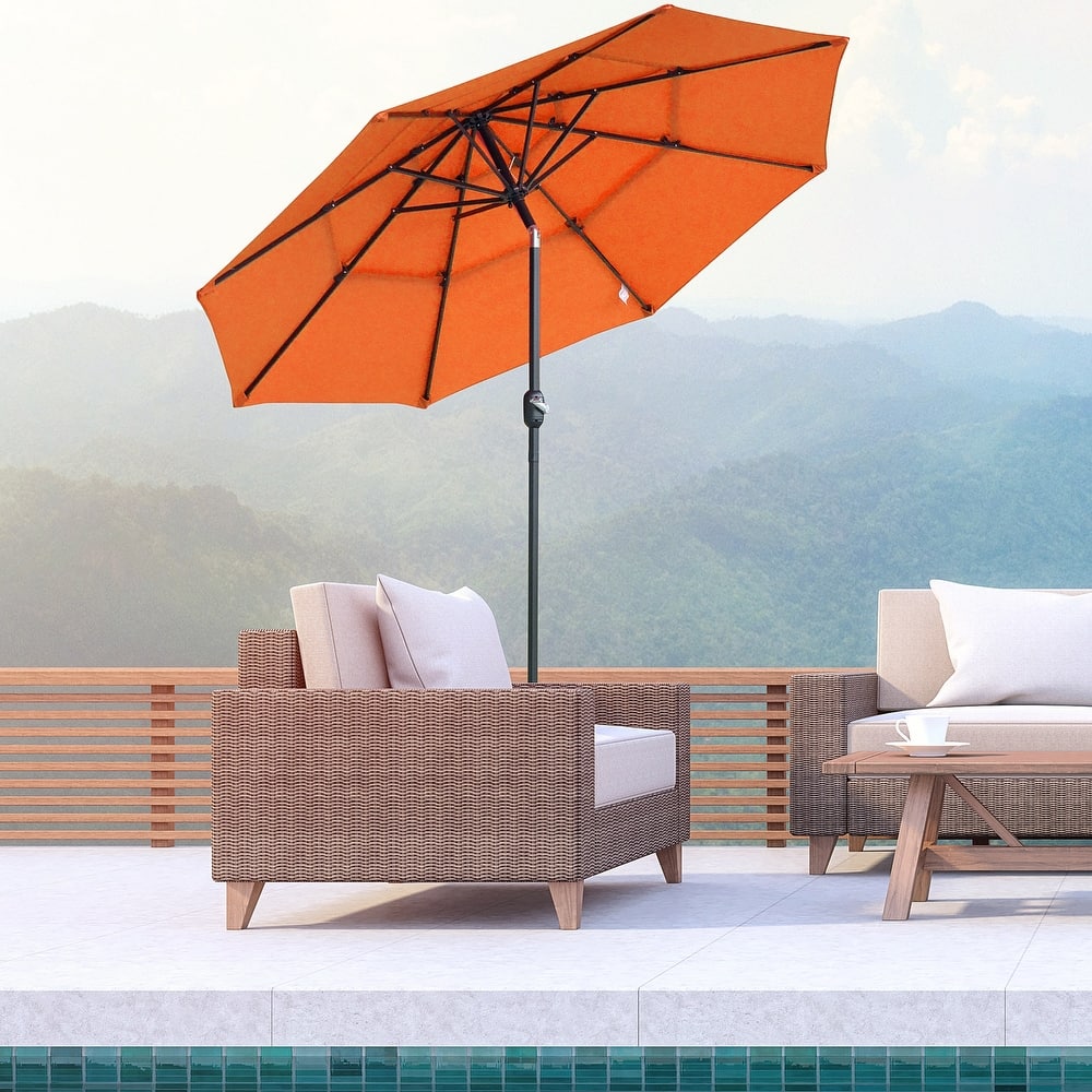 Outsunny 9FT 3 Tiers Patio Umbrella Outdoor Market Umbrella with Crank, Push Button Tilt for Deck, Backyard and Lawn