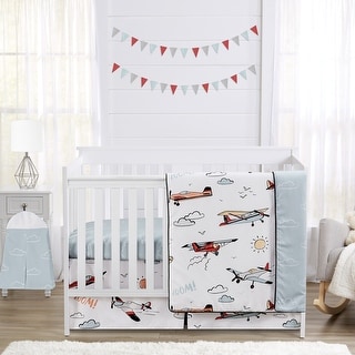 Vintage Airplane Boy 4pc Nursery Crib Bedding Set - Grey Yellow Orange Red White Blue Airplanes Air Plane Transportation Clouds