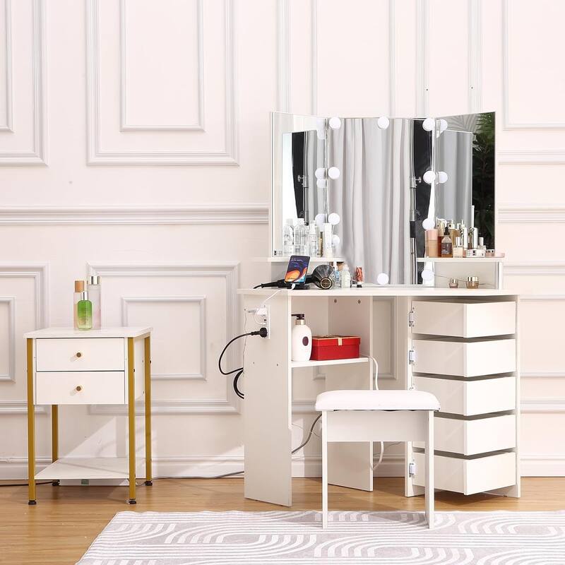 Makeup Vanity Desk with Lights & Power Outlet, Corner Vanity Table with 5 Rotating Drawers