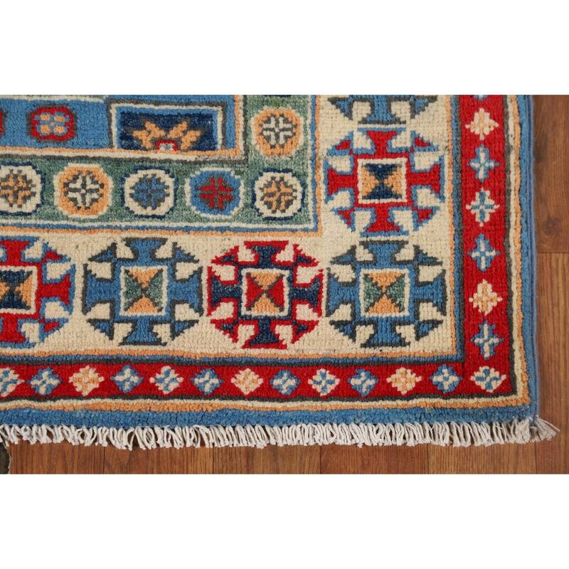 Blue Geometric Kazak Runner Rug Hand-Knotted Oriental Wool Carpet - 2'8" x 9'6"