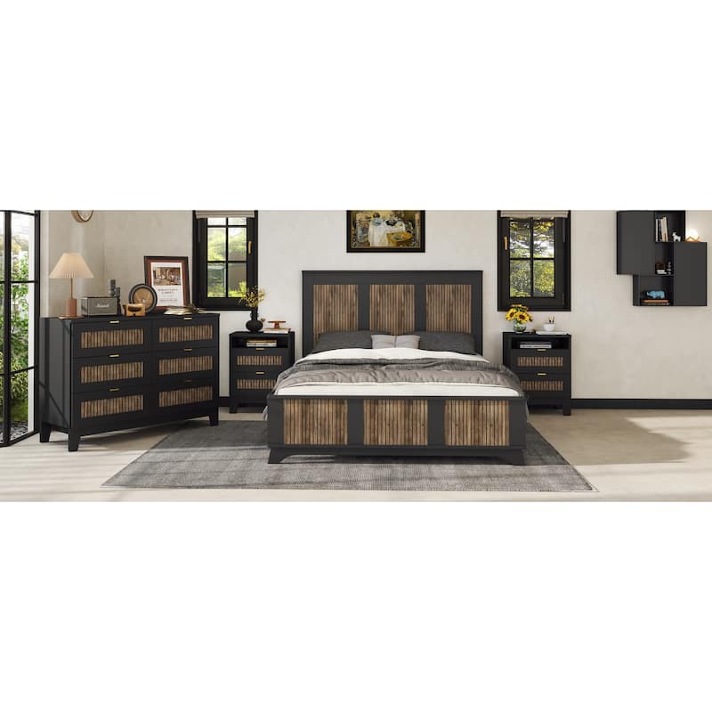 Queen-Size Wood Platform Bed Frame with Headboard - Wooden Strip Decoration and Plywood Slat Support