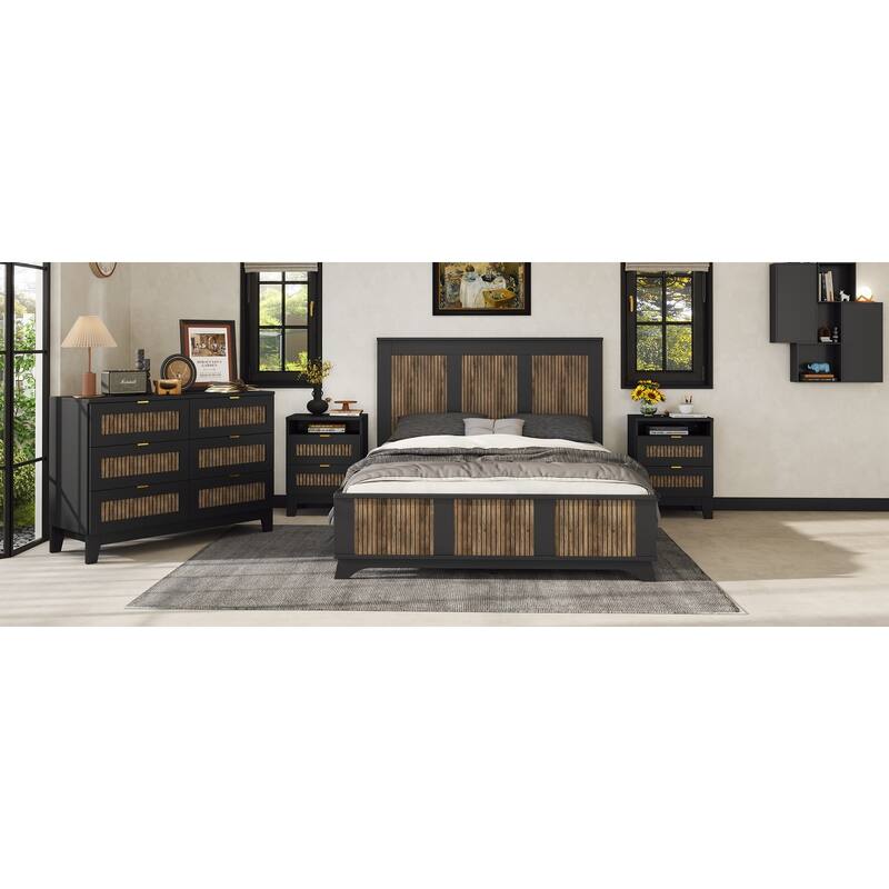 Stylish Platform Bed Slats Support Wood Bed, Rustic Farmhouse Style Bed Frame with Wooden Strip Decoration Elevated Headboard