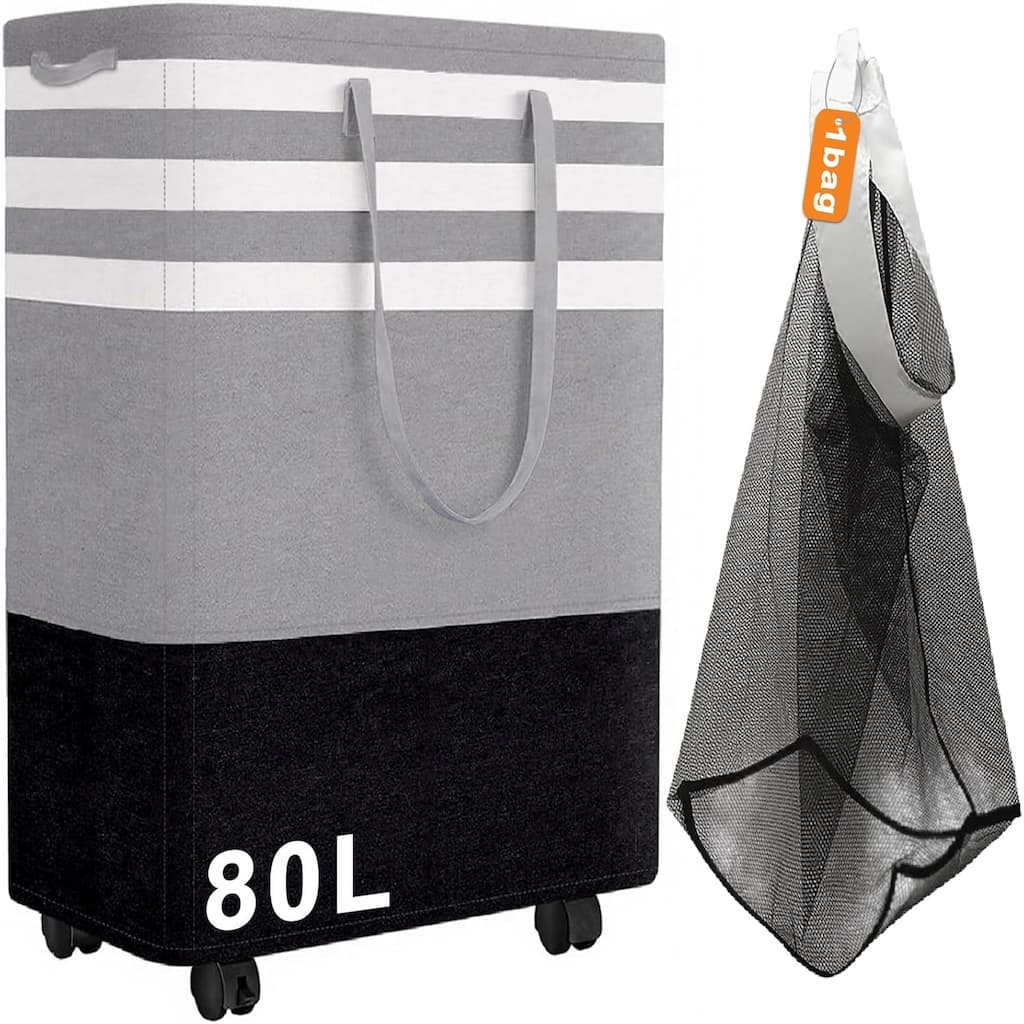 80L Large Laundry Basket, Laundry Hamper with 4 Wheels, Collapsible Waterproof Clothes Basket, Freestanding Hamper with Handles