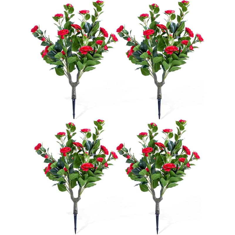 Set of 2/4 Artificial Topiary Ball Trees with Metal Stakes with Camellia Flowers - Red 4 pcs