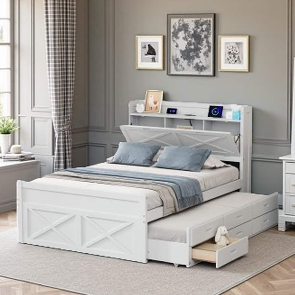 Full Size Wooden Bed with Storage Headboard and Built-in Outlets, Extendable Twin Trundle with 3 Drawers