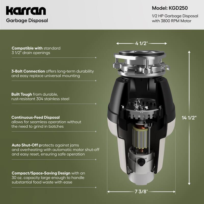 Karran USA KGD250 1/2 HP Continuous Garbage Disposal with 30 oz.