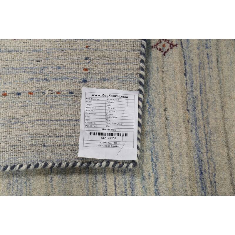 Ivory & Blue Striped Gabbeh Accent Rug Hand-Knotted Wool Carpet - 4'0"x 5'9"
