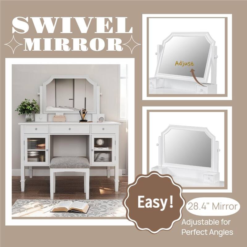 Vanity Desk with Large Adjustable Mirror, Large Wooden Dressing Table Set, Makeup Table with Fluted Door Glass & 5 Drawers