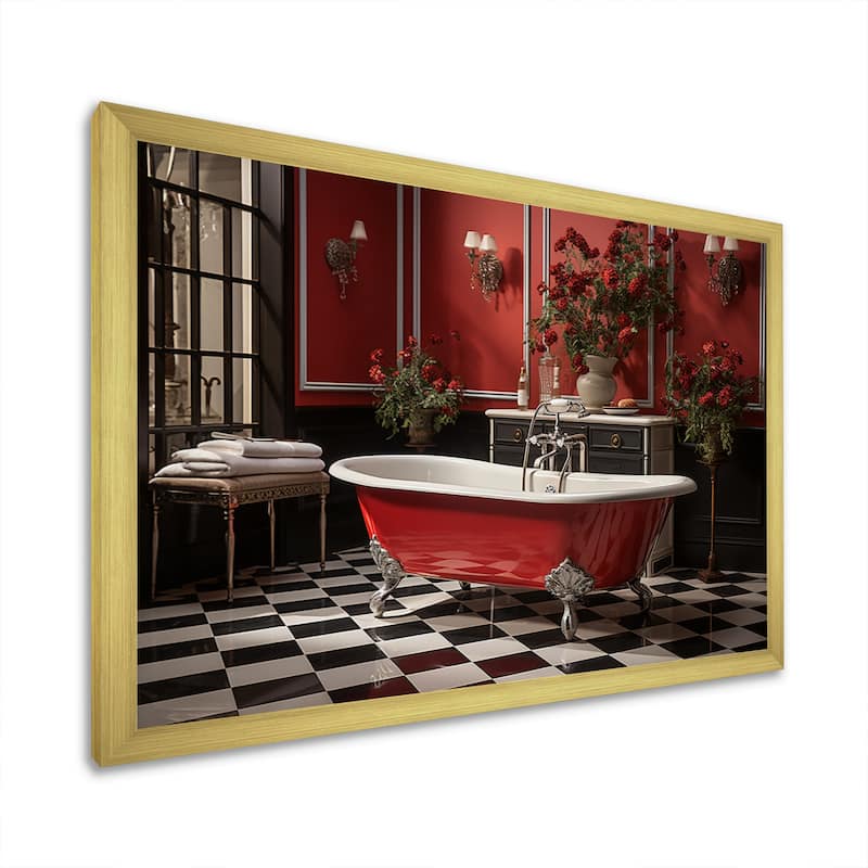 Designart "Red Modern Bathroom Charm IV" Bath & Laundry Framed Wall Art Prints