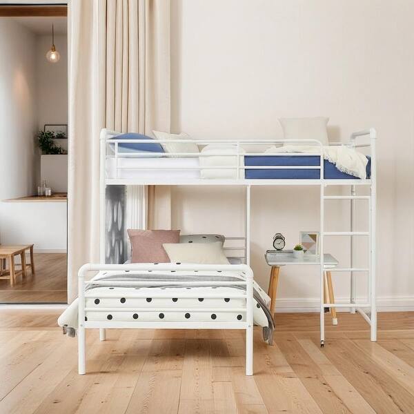 slide 2 of 8, Stylish & Modern Geo Cutout Colorful Twin L-Shaped Bunk Bed, Durable, Cool-grey painted finish, Space-saving, White White