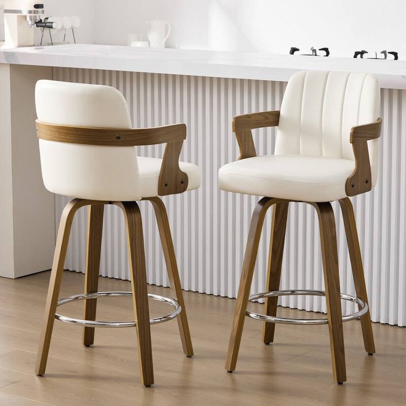 Upholstered Swivel Barstool with Arms and Bentwood Legs - 40.8"H x 18.9"W x 19.5"D/19.3"D - Set of 2 - White