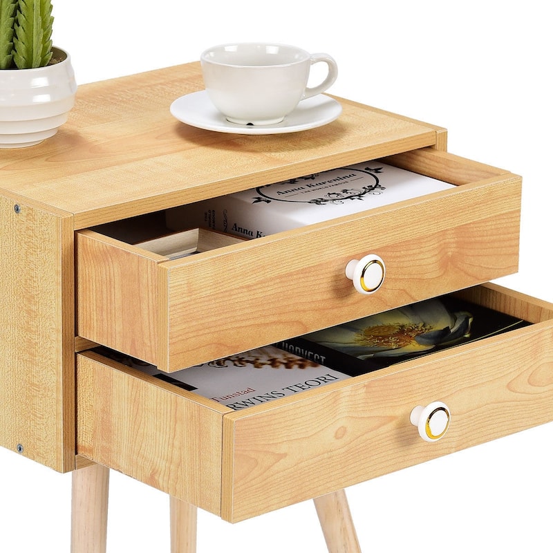 Costway Mid Century Modern 2 Drawers Nightstand In Natural Sofa Side