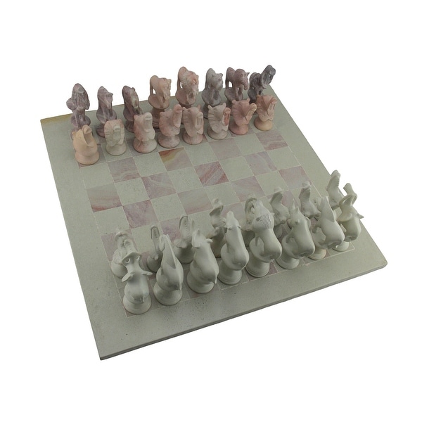Hand Carved Soapstone African Animals Chess Set With 16 Inch Square Board - Multicolored