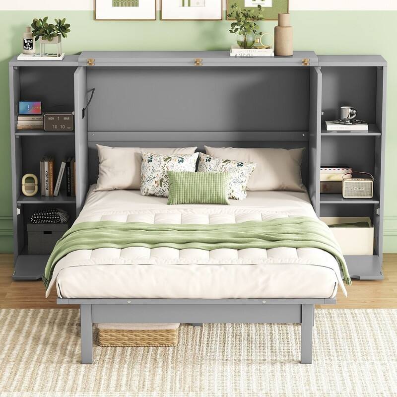 Murphy Bed with Shelves, Drawers and USB Ports,Gray - Grey - Queen