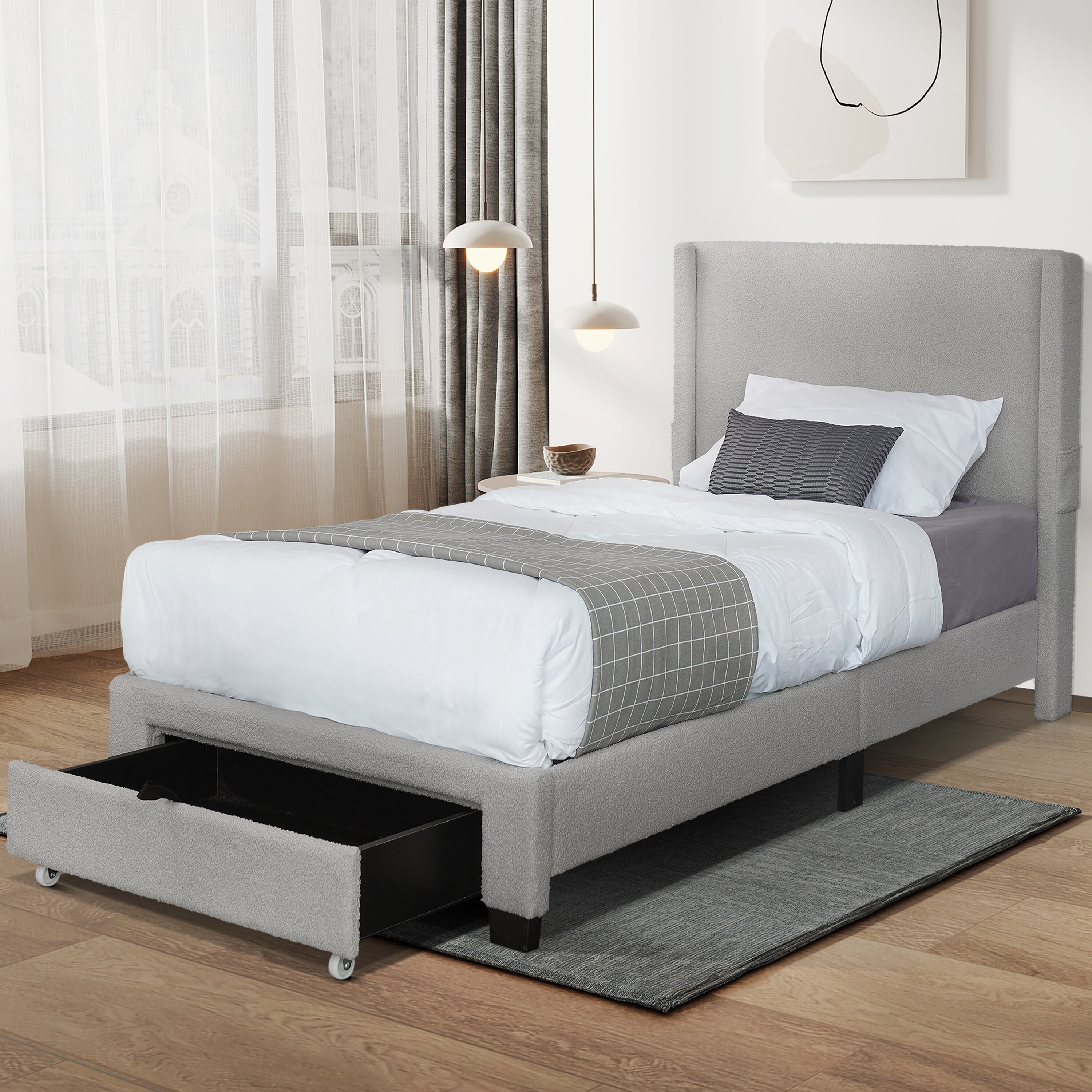 Gray boucle footboard storage big drawer wingback with pockets upholstered bed no box spring required twin size