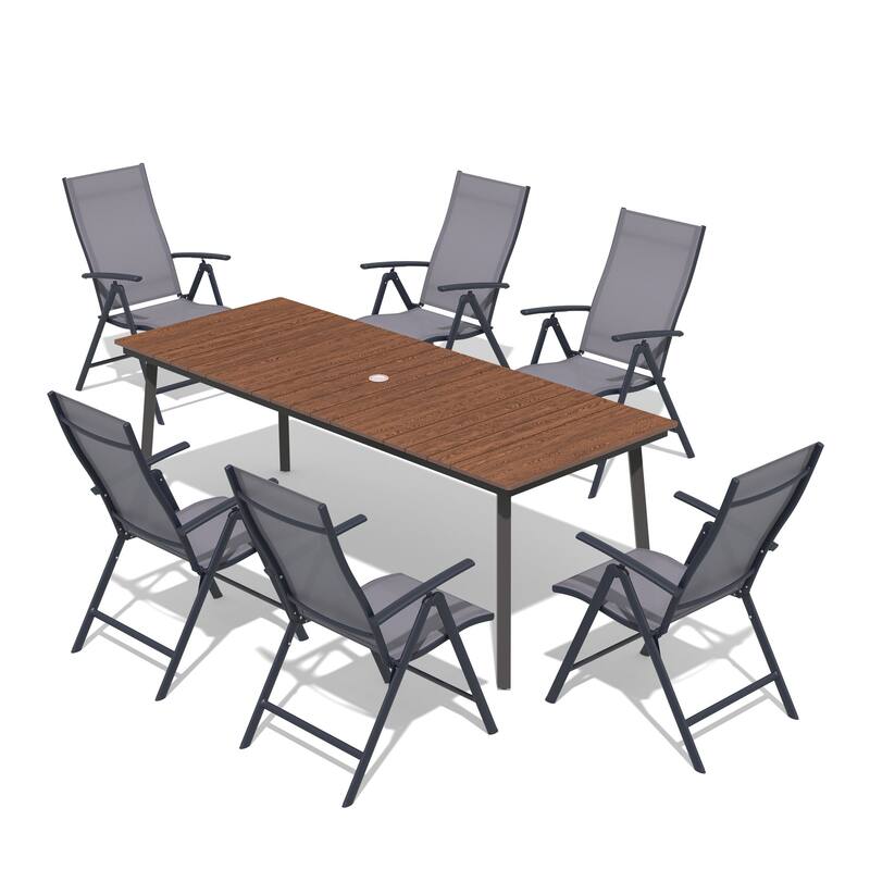 7-Piece Outdoor Dining Set Rectangle Patio Dining Table and Folding Adjustable Dining Chairs