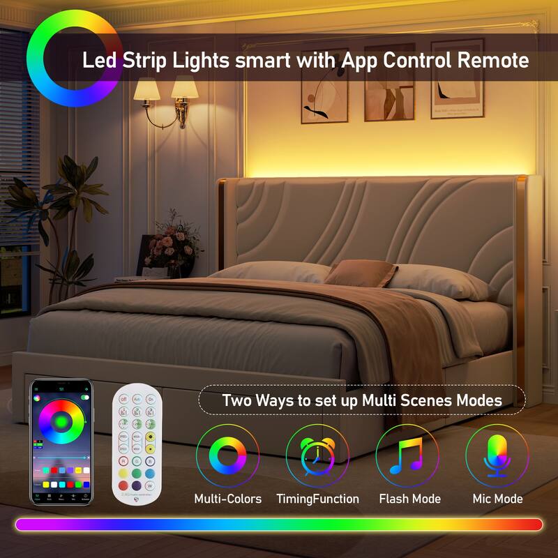 Upholstered LED Bed Frame with Storage Drawers, Velvet Platform Bed with Wingback Headboard, RGB Light