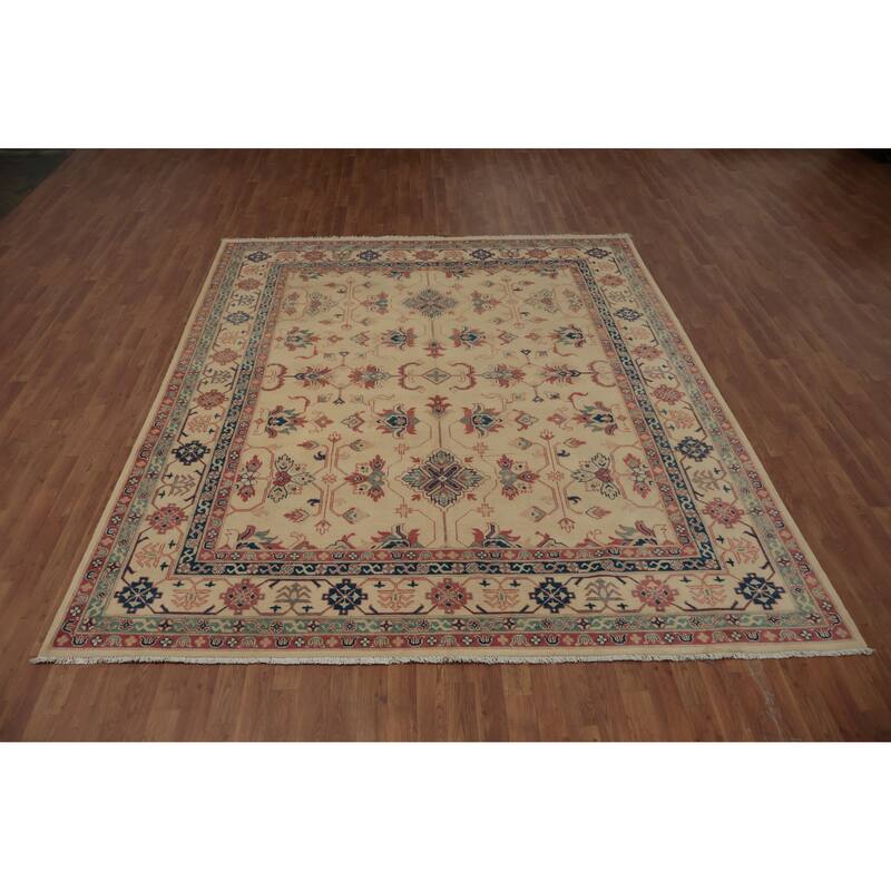 Hand Knotted Oriental 100% Wool Carpet Traditional Geometric Beige & Ivories Kazak Area Rug - 9' 10'' X 8' 2''