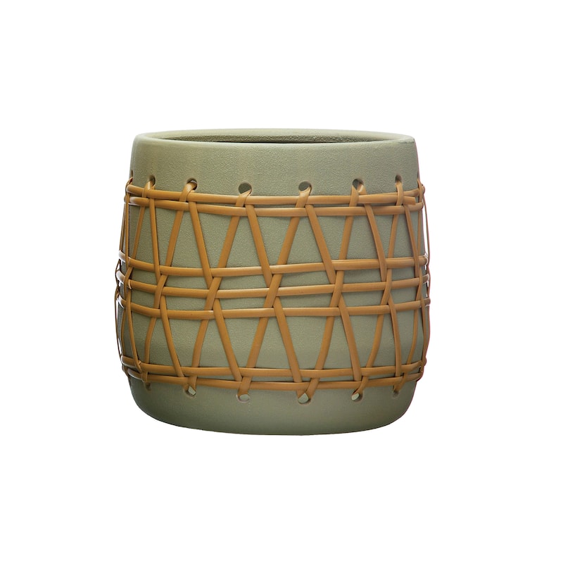 Stoneware Planter with Woven Design - 9.0"L x 9.0"W x 8.3"H - Green - 9.0"L x 9.0"W x 8.3"H