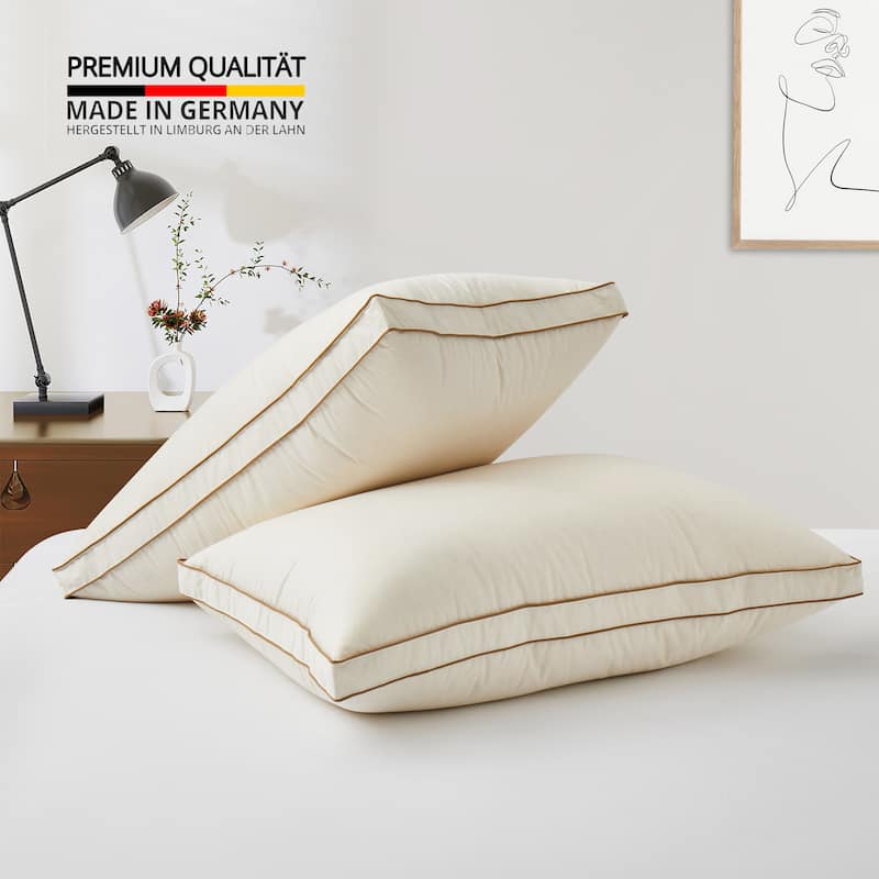 Set of 2 Organic Cotton 90% Down Feather Bed Pillows Made in Germany - Standard - Medium-Firm