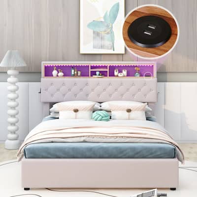 Upholstered Bed with LED Shelf, Full Size Platform Bed with Storage Headboard, USB Charging and 2 Drawers, Beige