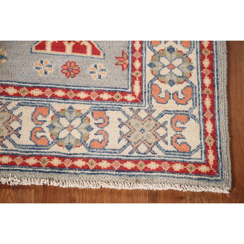 Geometric Kazak Oriental Accent Rug Hand-Knotted Blue Wool Carpet - 3'5"x 4'10"