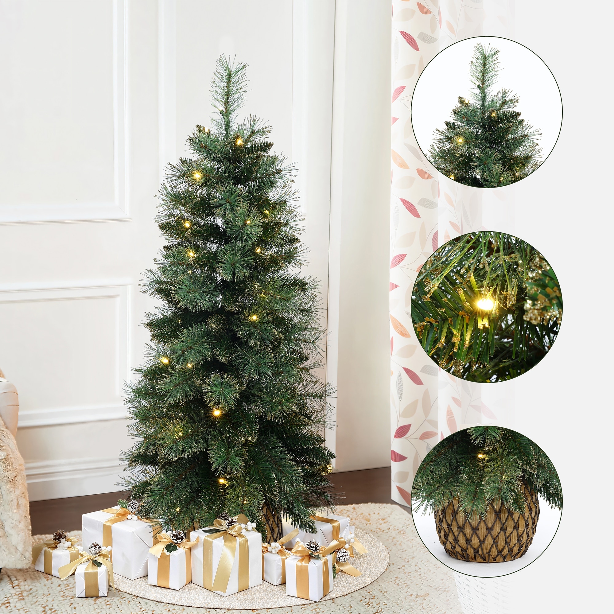 4Ft Pre-Lit Green Full Artificial Christmas Tree Potted - 49.2" H x 19.2" Diameter