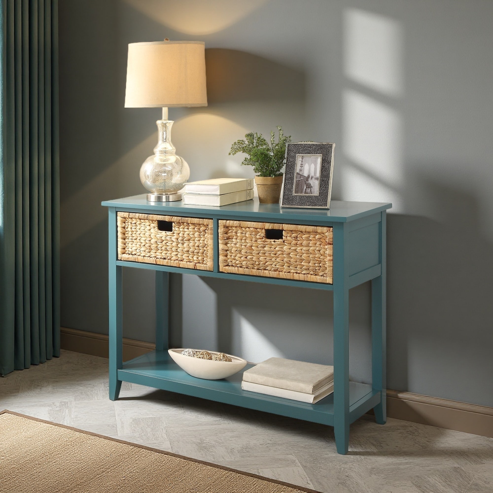 44" Rectangular Console Table: Wooden Design with 2 Drawers, Open Bottom Shelf, and Basket Front for Stylish Storage