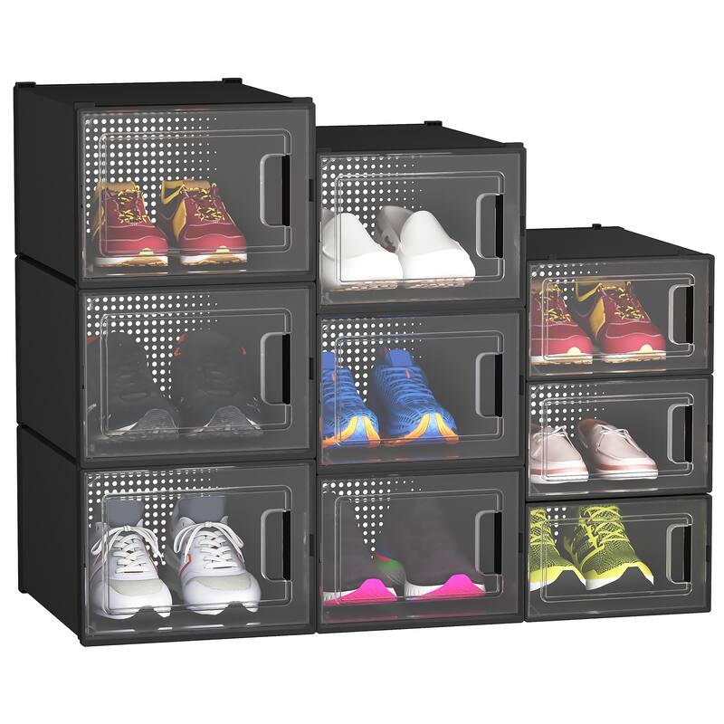 6/12/18 Pack Shoe Storage Box Plastic Stackable Shoe Organizer for Closet Foldable Sneaker Containers Bins Holders Racks