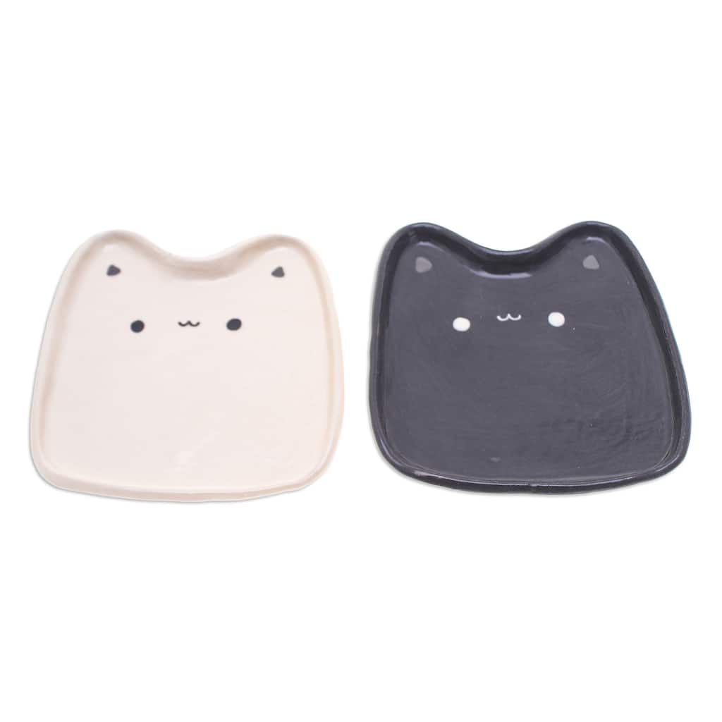 Novica Handmade Black & White Felines Ceramic Catchalls (Set Of 2)