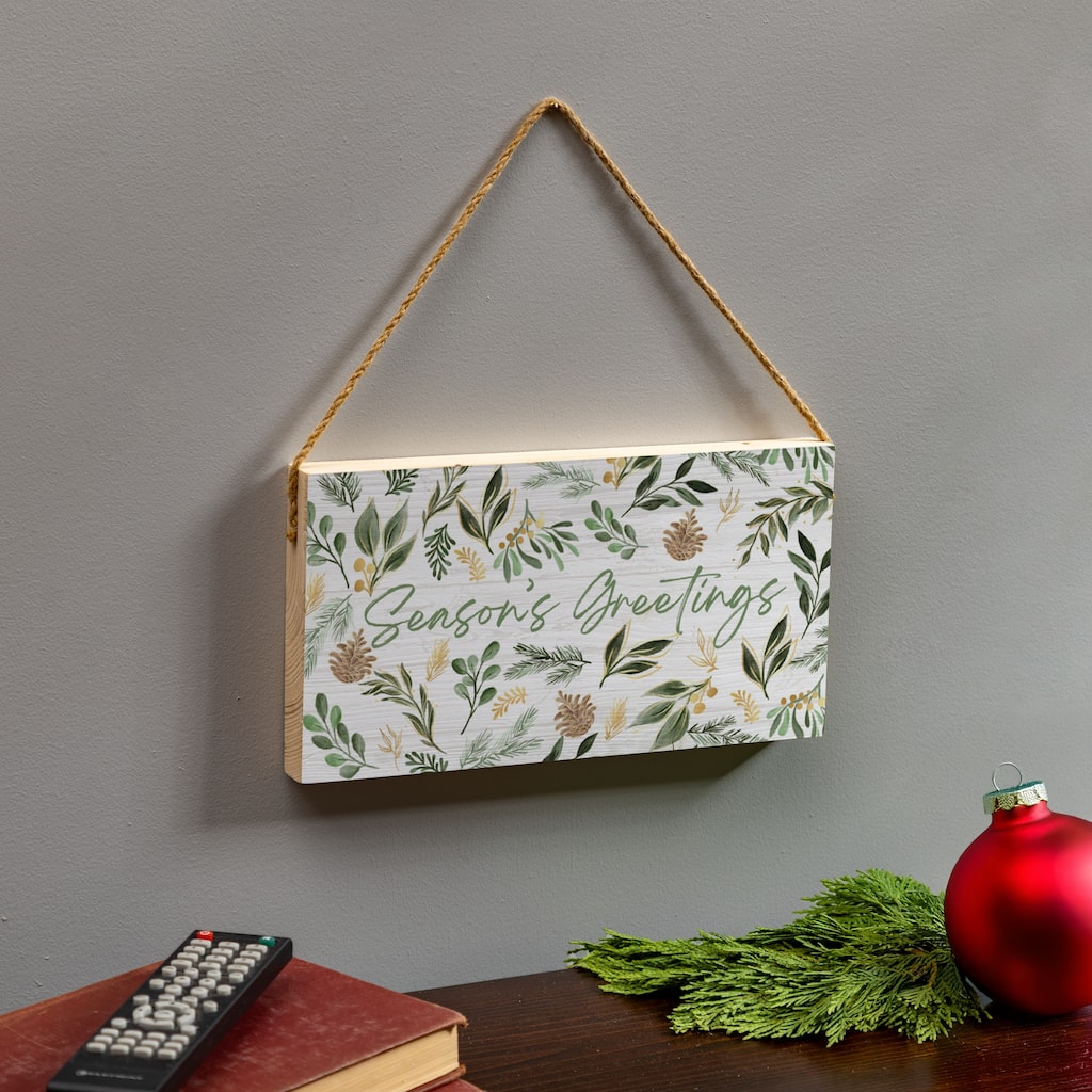 Season's Greetings Shades of Green Hanging Wall Sign - 11"x6"