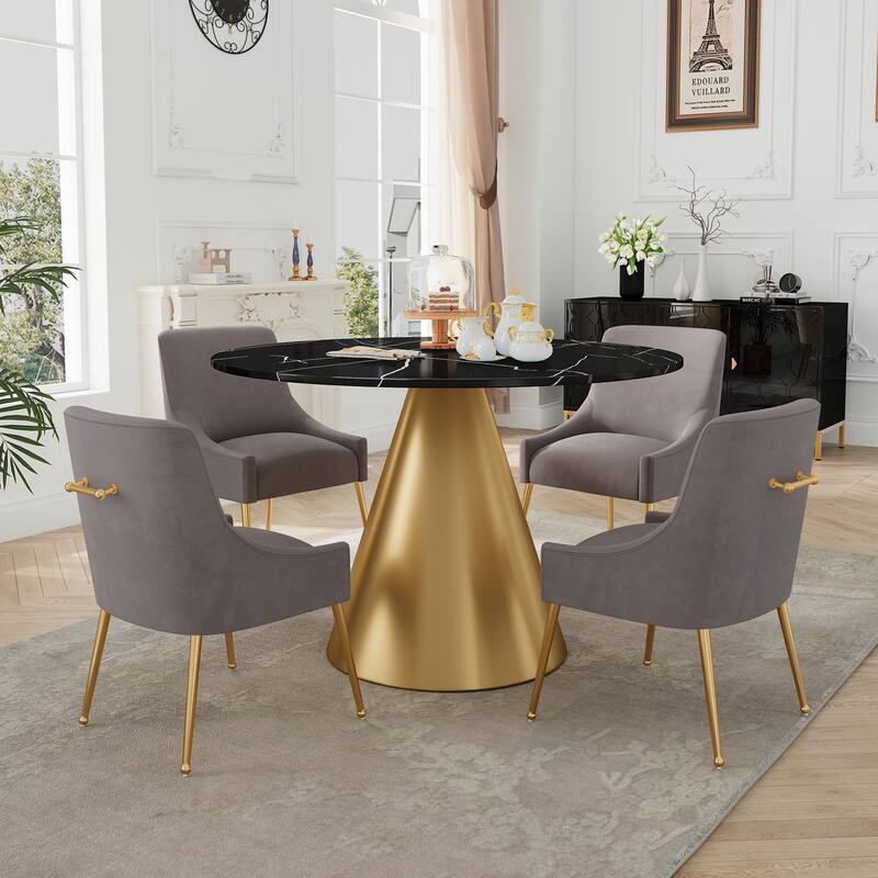 48" Marble Top Metal Dining Table with Velvet Dining Chair Set