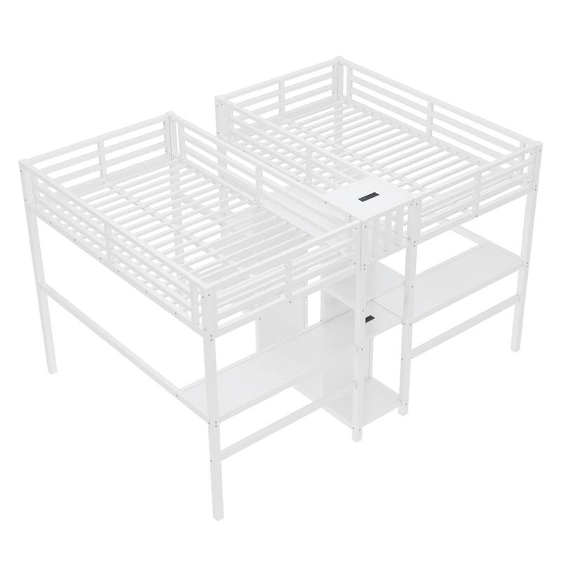 Roomfitters Twin Corner Loft Beds with Double Desk and Wardrobe, Metal Frame with Power Outlets