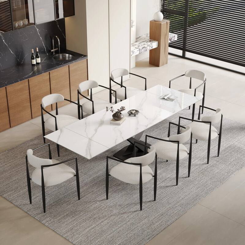 9 - Piece 94.48'' Modern Minimalist Extendable Sintered Stone Top Dining Set with 8 Fabric Chairs - Himalayas WhiteTop/White&Black Chair