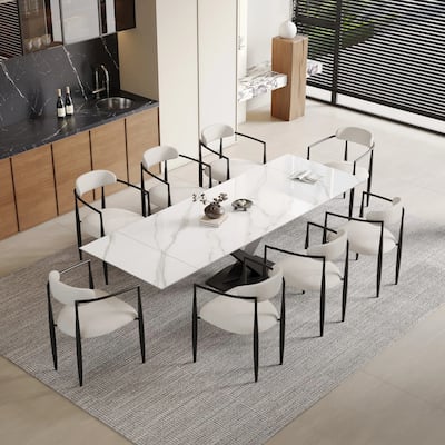 9 - Piece 94.48'' Modern Minimalist Extendable Sintered Stone Top Dining Set with 8 Fabric Chairs
