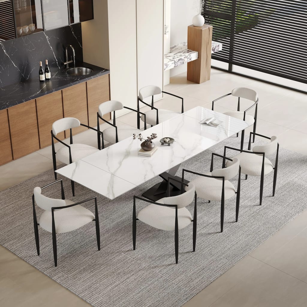 9 - Piece 94.48'' Modern Minimalist Extendable Sintered Stone Top Dining Set with 8 Fabric Chairs