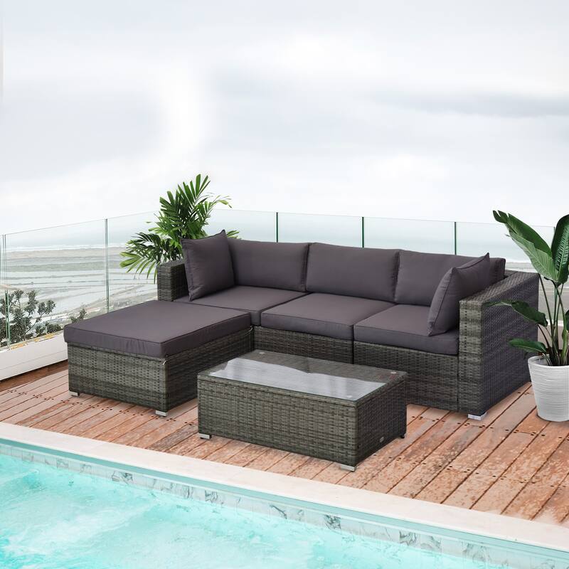 5-Piece Outdoor Sectional Sofa Set PE Rattan Galvanized Steel Frame Patio Deck Garden Couch with Cushions and Ottoman - Grey