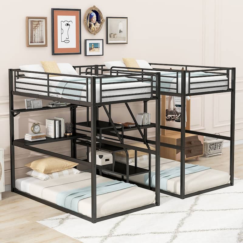 Double Twin over Twin Metal Bunk Bed with Desk, Shelves and Storage