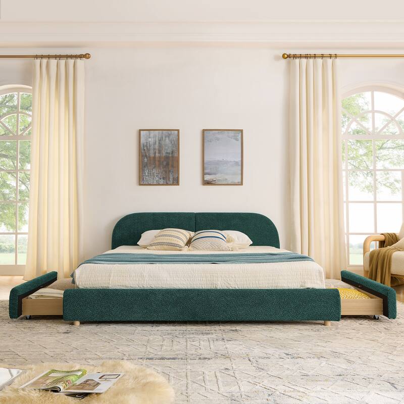 King Size Upholstered Bed Frame Modern Minimalist Style - Circle Yarn Fabric, Tall Curved Headboard