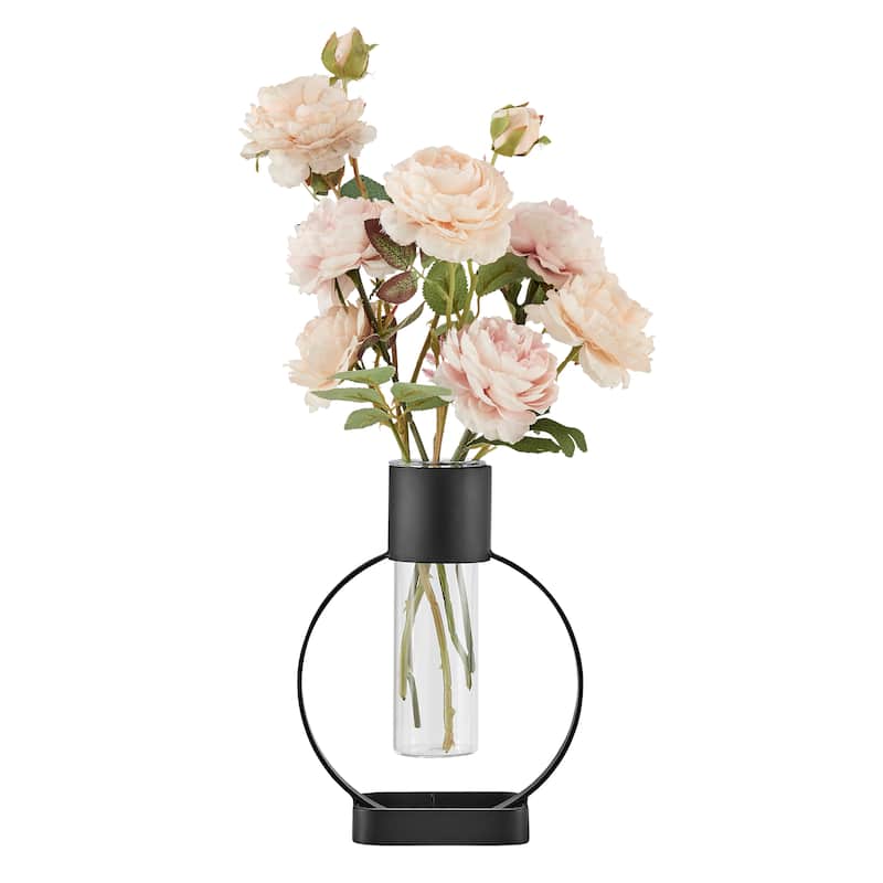 Danya B. Jacob Modern Black Metal Open Circle Pedestal Clear Glass Tabletop Vase