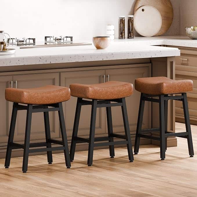 XINMICS 24 Inches Bar Stools, Saddle Kitchen Stools with PU Leather Cushion Counter Height Barstools for Kitchen Dining Cafe