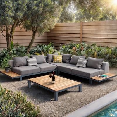 Polo Mid Century Modern Aluminum and Teak 4 Piece Outdoor Patio Sectional Set